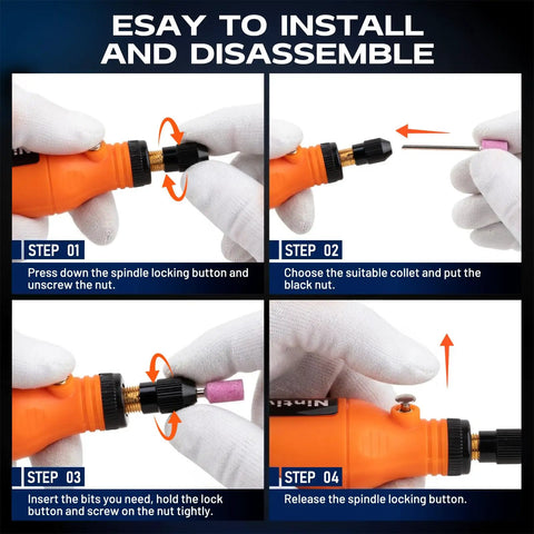 Mini Cordless Rotary Tool Kit Pen Shaped And Rechargeable With Five Adjustable Speeds Type C fast charge installation steps in four images.