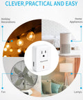 Wireless Remote Control Outlet For Home Appliances With Compact Wall Socket Design and application examples such as lamps and fans.