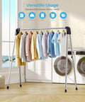 Foldable Clothes Drying Rack Portable Laundry Stand Sturdy Hanging Bars Compact Airer For Apartments Dorm Rooms Closets Quick Dry Setup showing shirts and sweaters hanging.