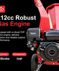Beast Gas Powered Wood Chipper Mulcher With 7HP 212cc Engine And 3 Blade Disc Cutter, closeup of 212cc engine and specs.