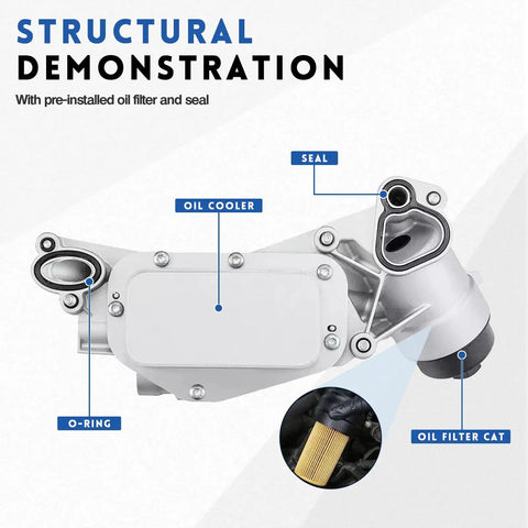Upgraded Engine Oil Filter Housing With Cooler Adapter For Chevy Sonic Cruze Trax Malibu Replace Oe. Structural demo with oil filter, cooler, and seal.