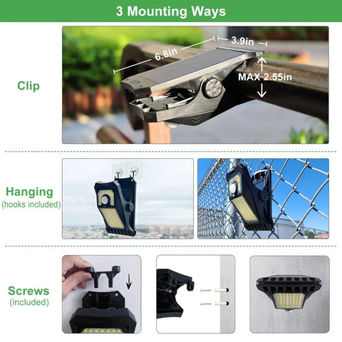 Rock Solid 118 Led Solar Lights Outdoor Clip On Motion Sensor Security Light showcasing clip, hooks, and screws for mounting options.