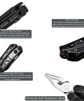 All In One Pliers And 12 In 1 Multitool With Dual LED Lights stainless steel design closeup with folded tools and pliers detail