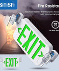 LED Combo Emergency Exit Sign Light With Two Adjustable Heads And Backup Battery For Commercial Spaces US Standard Green Letter UL 924 Approved Easy Install With Energy Efficient LED Lighting 120 277V 4 Pack, shown with fire-resistant housing and green exit lettering.