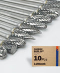 10-piece carbide burr set for Dremel rotary tools showcasing precision carving bits for metal, wood, stone, and plastic.