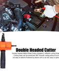 360 Degree Double Head Metal Cutting Nibbler Attachment For Drills shown with orange body beside engine.