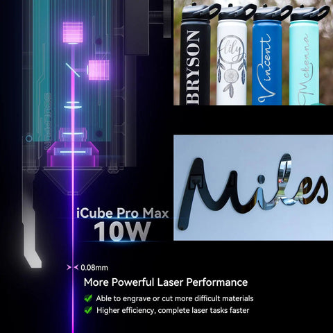 ICube Pro Max 10W Mini Laser Engraver with Smoke Filter and Temperature Alarm, engraving various materials.