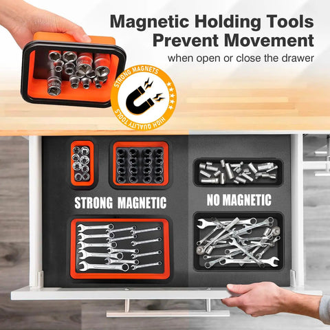 Collapsible Magnetic Parts Tray Set With 3 Foldable Silicone Tool Trays for bolts, screws, nuts in a drawer organizer