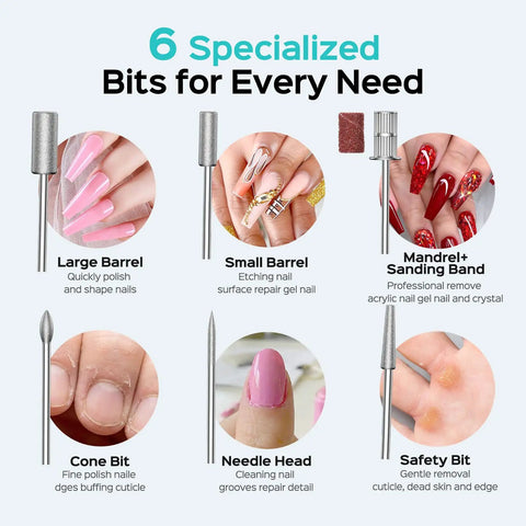 6 specialized drill bits for Electric Nail Drill Cordless Led Screen 25 Speeds Lightning Fast Manicures Pedicures.