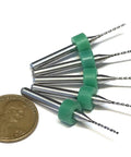 Five Pieces.85mm Micro Drill Bits For 3D Printer Nozzle Cleaning And PCB Extruder Kit next to a penny for size comparison