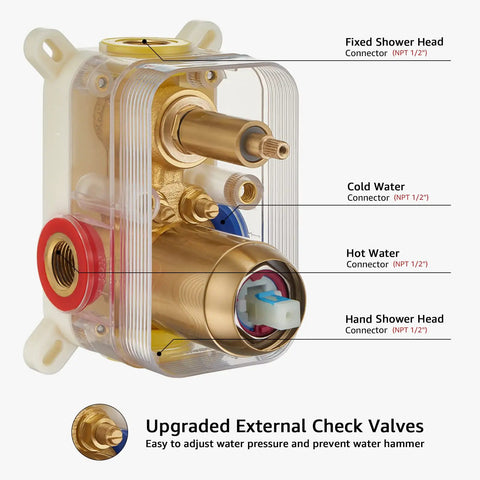 Slick Brushed Gold Rainfall Shower Head System With Concealed Wall Mount Mixer Valve And Heavy Duty Brass Plumbing Arm Stainless Steel Hose Handheld Setup For Knockout Bathroom Revamps; detailed view of mixer valve connections.