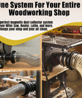 20-Piece magnetic dust collection fittings kit connected to 4-inch and 2.5-inch hoses with reducer.