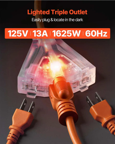 Close-up of the Beefy 50 Ft Retractable Extension Cord Reel With 14 AWG SJTOW Cord Lighted Triple Tap Outlet in use.