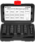 Five Piece Flip Lug Nut Socket Set For 1/2 Inch Drive Metric And SAE Non Marring Thin Wall Sockets With Chrome Moly Build includes 17 19 21 22 mm and 3/4 13/16 7/8 15/16 inch sizes for impact wrench or air ratchet in black case