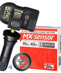 Top Notch Dual Frequency TPMS Tire Pressure Monitoring System Sensors 315 And 433 MHz with black valve stem and sensor packaging.