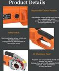 Heavy Duty Handheld Electric Pipe Threader With Beefy 2300 Watt Motor And Four Quick Swap Dies showing safety switch and carbon brush design.
