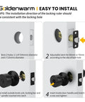 Goldenwarm installation guide for Slick Matte Black Interior Door Knobs Privacy Handles for Bedrooms with dimensions and steps.