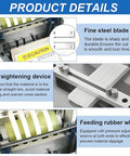 Product details of Heavy Duty Automatic Heat Shrink Tube Cutter With Micro Computer Control, showing steel blade and feeding wheel.