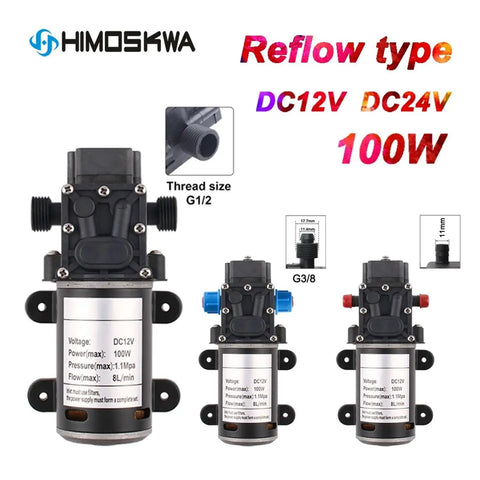 High Performance 12 Or 24 Volt 100 Watt Automatic Electric Diaphragm Water Pressure Pump showcasing different angles, sizes, and connection types.