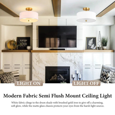 Room with 3 Light Gold Drum Semi Flush Mount Ceiling Light With White Fabric Shade, frosted glass diffuser, light on and off display