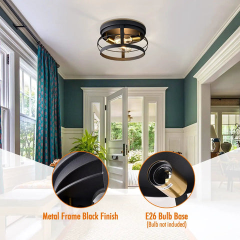 Living room with 2-Light Farmhouse Flush Mount Ceiling Light in black finish, 11.4-inch rustic industrial fixture with metal cage.