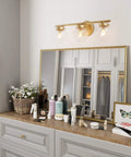Hand Painted Vanity Light Fixtures With Clear Globe Glass Shades in bathroom setup over mirror, 19.5in L x 6in W x 7.5in H