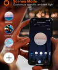Smart Outdoor 25 Ft String Lights With App And Remote Control Music Sync shown on smartphone for various ambience settings.