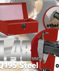No Cap Heavy Duty Metal Tool Box With Secure Latch Lock, Portable 12 Inch Steel Storage Case For Job Sites And Backyard Builds, Durable Powder Coated Shell In Bold Red showing steel thickness measurements.