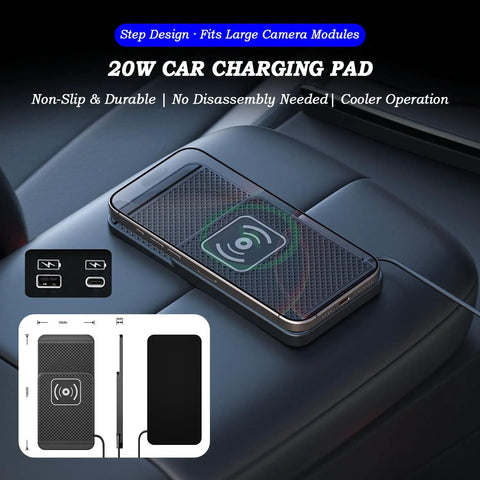 20W Wireless Charging Pad For JAC E J7 EV E10X E30X Dashboards Including Center Console Mats, showing a non-slip design on a dashboard.