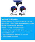Manual drainage instructions for Three-Stage Air System With Zinc Alloy Body, featuring close and open valve visuals.