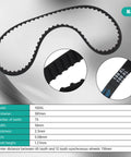 Black XL timing belt model 150XL with specifications for length, width, thickness, pitch, and tooth height displayed on white background.