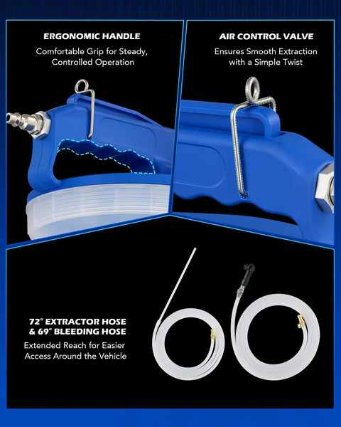 Close-up of Zero Sweat Brake Bleeder Kit Pneumatic Vacuum Extractor's ergonomic handle and air control valve, 72" hose included.
