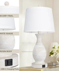 Table Lamps Set Of 2 Bedside Touch Lamps With USB-C And USB-A Charging Ports, white fabric shade, polyresin body