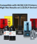 Fast ABS Like 3D Printer Resin For LCD DLP 405nm UV Curing displayed with various colored 3D printers and printed model figures.