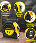 20 Pack 12 Ft Tape Measures Retractable With Fractions Easy Read Yellow Bulk Set For Contractors And Engineers Autowind With Lock Handy Tools with thumb lock, portable lanyard, magnetic claw tip, and metal clip features displayed.