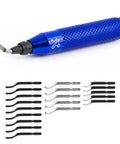 Blue deburring tool kit with storage handle and 20 high-speed steel blades.