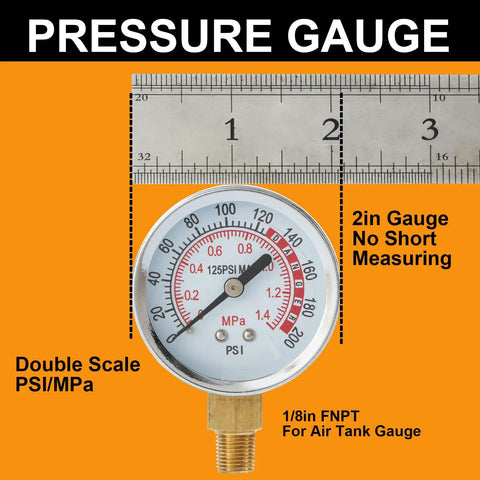 Built Tough Air Compressor Tank Repair Kit Features 0 To 200 Psi Gauge with double scale, 2in size for accurate pressure measurement.