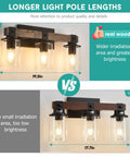 Comparison of 4-Light Industrial Farmhouse Vanity Lights With Rustic Wood And Clear Glass with longer light pole, modern metal, for bedroom, kitchen, hallway, entryway.