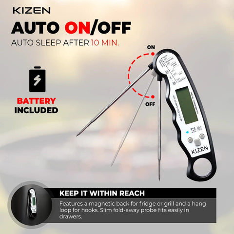 Instant Read Digital Meat Thermometer For Cooking And Grilling With 3 Second Speed IP67 Waterproof Large Backlit Display Magnetic Back For Easy Storage In Oven And Bbq shown with auto on/off feature and fold-away probe.
