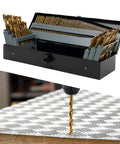 Top Tier 115 Piece Cobalt Drill Bit Set With High Speed Steel Twist Jobber Bits Featuring Durable Round Shank For Hardened Steel Wood Plastic Sheet Metal Plus Snazzy Storage Box Ready To Rock, open case and drill bit on sheet metal