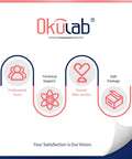 Outlined infographic showing professional team, technical support, overall after-service, and safe package icons with Okulab logo.