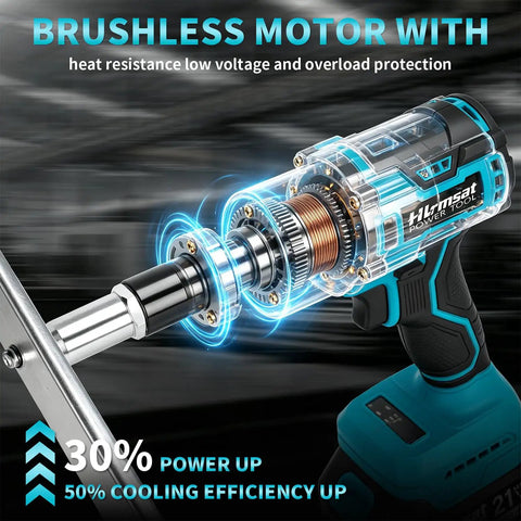Tough As Nails Brushless Cordless Rivet Gun Packing Serious Pulling Force And Two Extended Batteries For Quick Aluminum Fastening Without Breaking A Sweat Or Dealing With Frustrating Slow Tools. Close-up of brushless motor showcasing heat resistance and efficiency.
