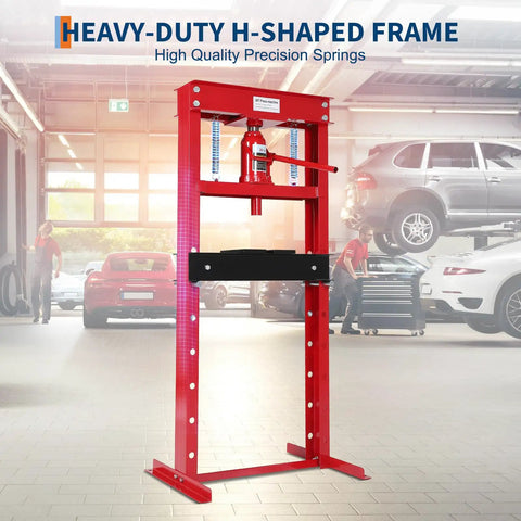 20 Ton Hydraulic Shop Press With H Frame 7 Position Adjustable Height Movable Plates Dust Cover And Auto Relief Valve For Safe Heavy Lifting In Garage Or Pro Workshop Red