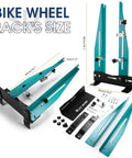 Heavy Duty Bicycle Wheel Truing Stand For 27.5 To 29 Inch Wheels And 140 To 180mm Brake Discs with parts and dimensions.