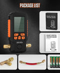 Front view of digital vacuum gauge pro handheld meter with orange control buttons, black body, and brass 7/16-20UNF fittings.
