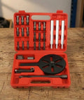 Real Deal Three Jaw Bearing Puller Extractor Kit With Central Screw Action Tears Out Inner Bearings Fast Heavy Duty Red Carbon Steel Curved Hooks Ensure Solid Grip When Pushing Through Tough Mechanical Repairs Nobody Likes Doing At All. open red case with 3 jaw puller parts