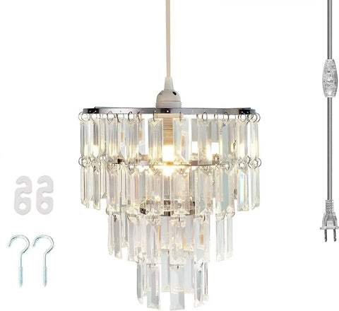 Plug In Modern Crystal Pendant Chandelier Light With Faux Crystal Drops, 10.25 W x 11.5 H, shown with hooks and clear cord