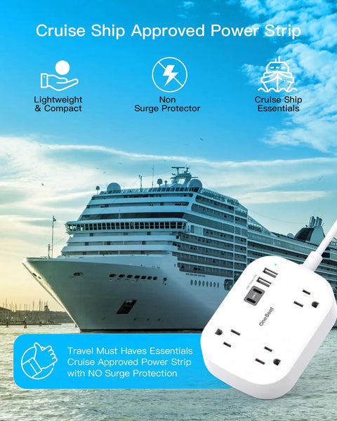 US To European Travel Plug Adapter With 3 Foot Extension Cord Type C E F Power Converter with cruise ship visible behind.