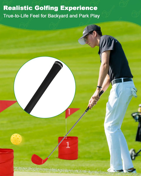 Person practicing with Adjustable Dual Length Golf Clubs For Backyard Practice, telescoping shaft, oversized club head in yard game.