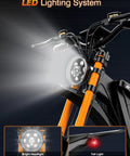 High Power Electric Dirt Bike With 5500W Peak And 40 MPH Top Speed showing LED lighting system, bright headlight, and tail light